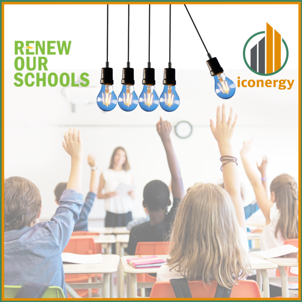 Students raising their hands in a classroom with a teacher at the front and the Iconergy and Renew Our Schools logo at the top. 